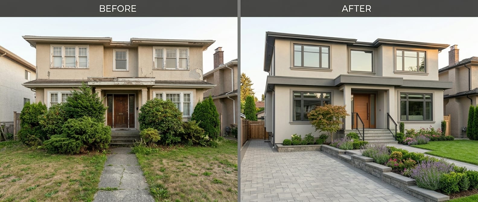 A tired façade transformed with new render, windows and landscaping
