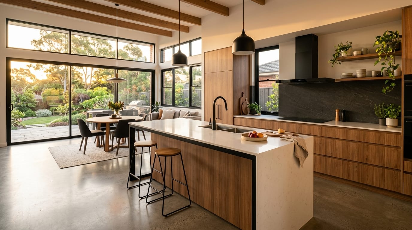 Finished open-plan kitchen renovation with timber cabinetry and a stone-topped island