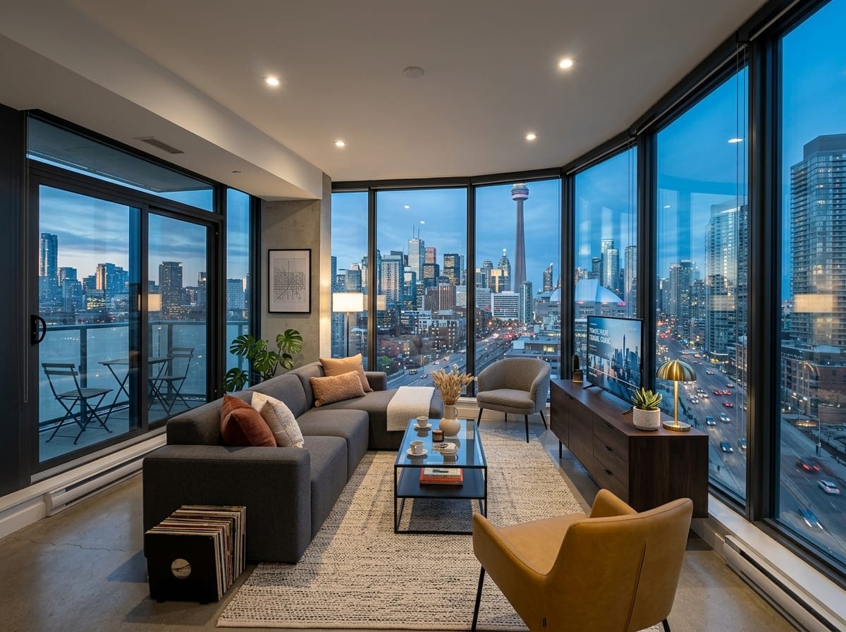 The Skyline Two-Bed — living room with floor-to-ceiling glass and city view